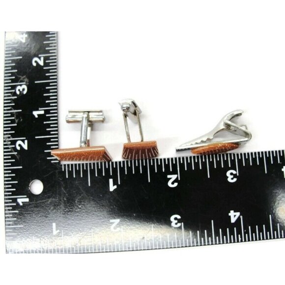 Cufflinks Silver Tone Copper Glitter Set Neck Tie Clip Tux Shirt Dress Suit Vtg - Picture 4 of 7